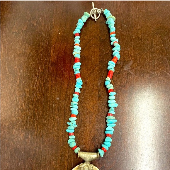 Turquoise/Red Coral Necklace, Reversible Silver Fish+Sea Turtle, Bone Pendant. - Picture 5 of 6